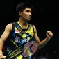 Pebulutangkis Indonesia, Panji Ahmad Maulana mengepalkan tangan saat melawan pemain Thailand, Suppanyu Avihingsanon di Kualifikasi Indonesia Open 2017 di Jakarta Convention Centre, Senin (12/6). Panji unggul 21-17, 21-17. (Liputan6.com/Helmi Fithriansyah)