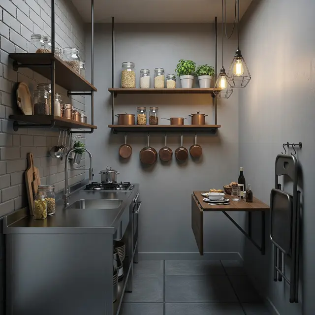 9 Desain Dapur Rumah Type 21 Ukuran 1x2 Meter dengan Rak Gantung dan Meja Lipat