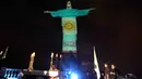 Patung Christ the Redeemer atau Yesus sang Penebus yang populer di dunia menyala dengan gambar bendera Argentina selama pandemi Covid-19 di Rio de Janeiro, Brasil, Minggu (12/4/2020). Tubuh patung itu dipenuhi gambar negara-negara dengan wabah corona, sekaligus pesan dan harapan. (CARL DE SOUZA/AFP)