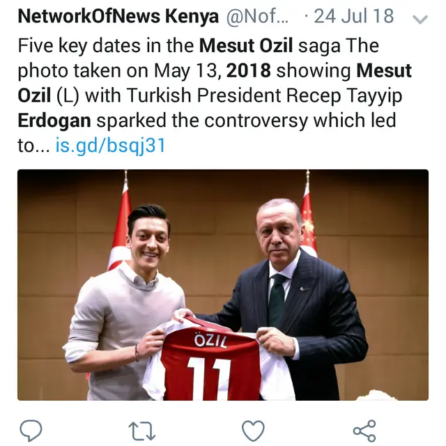 Mesut Ozil dan Presiden Turki Recep Tayyip Erdogan (Foto: Twitter @NofNews_Kenya)