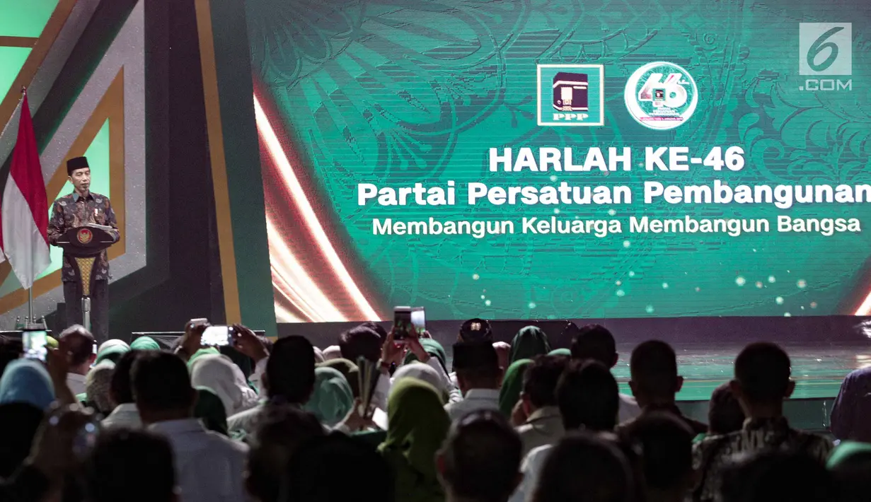 Presiden Joko WIdodo memberikan sambutan ketika menghadiri Harlah ke-46 PPP di kawasan Ancol, Jakarta, Kamis (28/2). harlah ke-46 PPP mengusung tema ‘Membangun Keluarga Membangun Bangsa’. (Liputan6.com/Faizal Fanani)