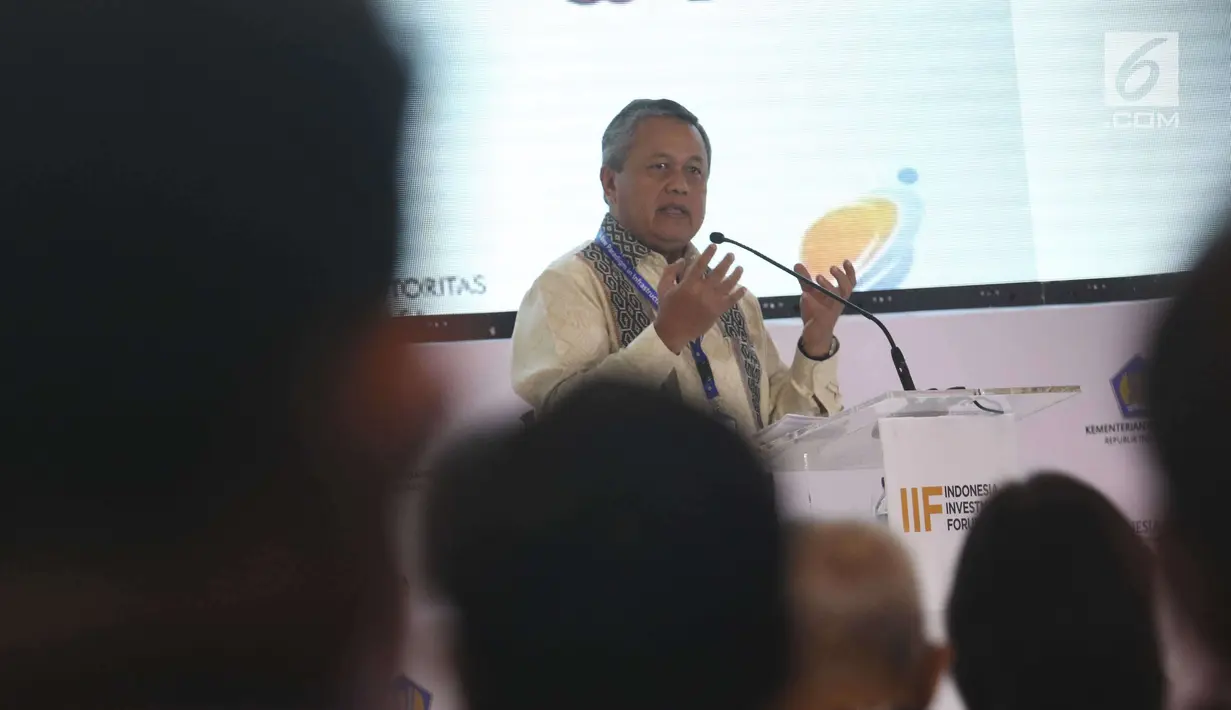 Gubernur BI Perry Warjiyo memberi sambutan dalam acara IIF 2018 di IMF-WB 2018, Bali, Selasa (9/10). Indonesia membutuhkan pembiayaan infrastruktur untuk mengejar target pertumbuhan ekonomi RPJM 2015-2019 sebesar 5%-7%. (Liputan6.com/Angga Yuniar)