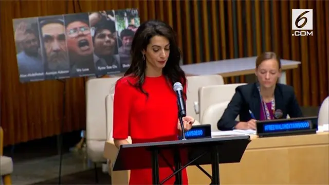 Sebagai pengacara HAM, Amal Clooney, berbicara di depan PBB untuk membela 2 jurnalis yang dipenjara di Myanmar.