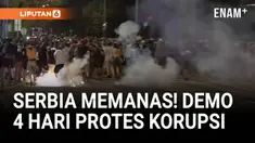 Polisi Serbia menembakkan gas air mata untuk membubarkan ribuan demonstran anti-pemerintah di pusat Kota Beograd, Serbia pada Sabtu (16/8). Bentrokan telah berlangsung selama empat hari, menyebabkan puluhan orang terluka dan ditahan.