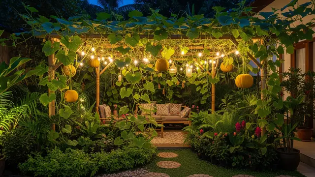 6 Inspirasi Kebun Labu Kuning Rambat di Kanopi Bambu untuk Peneduh Halaman