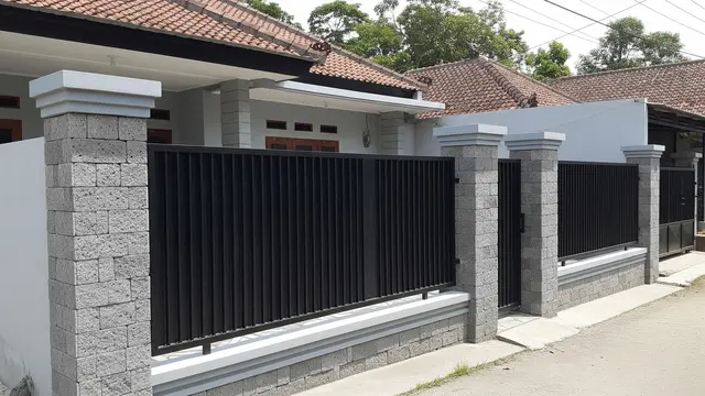 Model Pagar Rumah di Kampung dengan Pilar Batu Andesit (AI Generated)