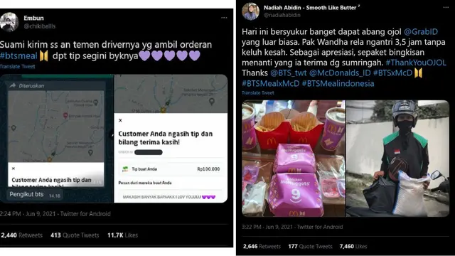 Unggahan Army mengenai ojol dan BTS Meal. (Twitter / @chikiballls - @nadiahabidin)