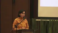 Menteri Keuangan Sri Mulyani Indrawati dalam acara kerja sama Kementerian Keuangan dan Kejaksaan Agung untuk meningkatkan pengawasan keuangan negara. (Arief/Liputan6.com)