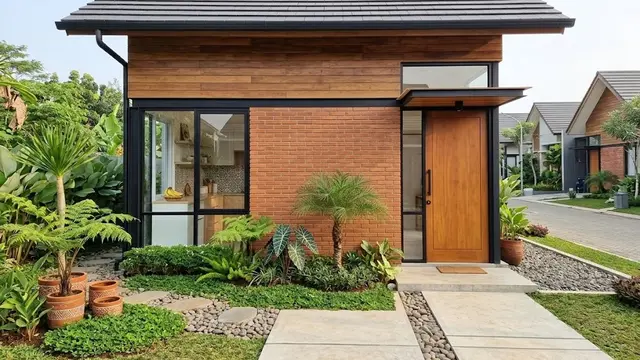 Rumah Minimalis dengan Bata Merah di Bagian Bawah dan Kayu di Atas