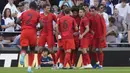 Pemain Bayern Munchen merayakan gol yang dicetak oleh Serge Gnabry pada laga persahabatan melawan Tottenham Hotspur di Tottenham Hotspur Stadium, London, Inggris, Minggu (11/08/2024) dini hari WIB. (AP Photo/PA/Bradley Collyer)