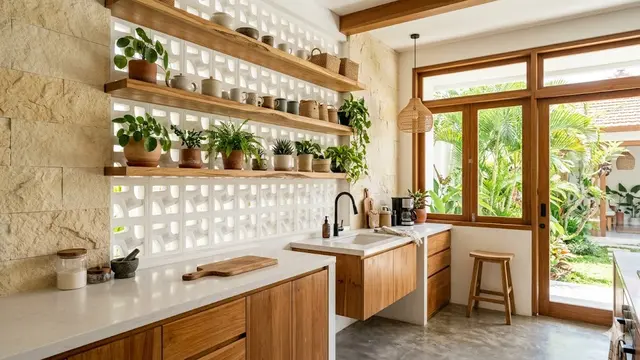 Desain Dapur Bergaya Tropis Modern Kombinasi Roster dan Batu Alam