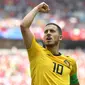 Pemain depan Belgia, Eden Hazard melakukan selebrasi usai mencetak gol ke gawang Tunisia dalam Piala Dunia di Stadion Spartak, Moskow, 23 Juni 2018. Hazard masuk dalam kandidat pemain terbaik FIFA 2018. (AFP PHOTO/Yuri CORTEZ)