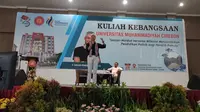 Capres Ganjar Pranowo saat mengisi kuliah kebangsaan di UMC menyatakan akan menjebloskan pejabat korupsi ke Nusakambangan. Foto (Liputan6.com / Panji Prayitno)