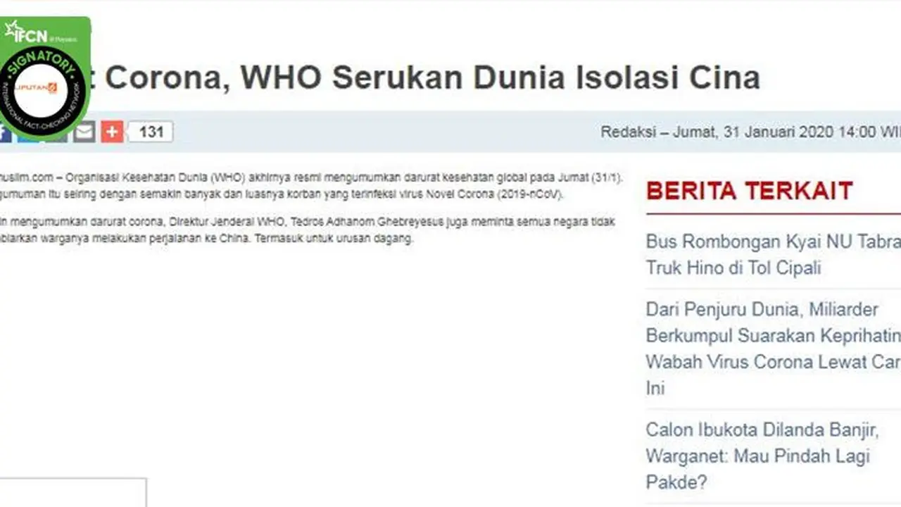 Gambar Tangkapan Layar Berita Tentang China Akan Diisolasi Karena Virus Corona