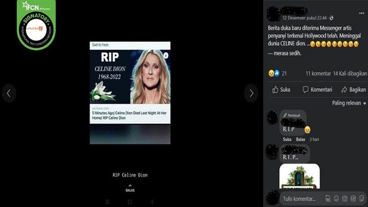 Gambar Tangkapan Layar Kabar Hoaks Penyanyi Celine Dion Meninggal Dunia pada 12 Desember 2022 (sumber: Facebook).