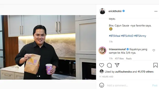 Tangkapan layar instagram Menteri BUMN Erick Thohir pamer BTS Meal. (@erickthohir)