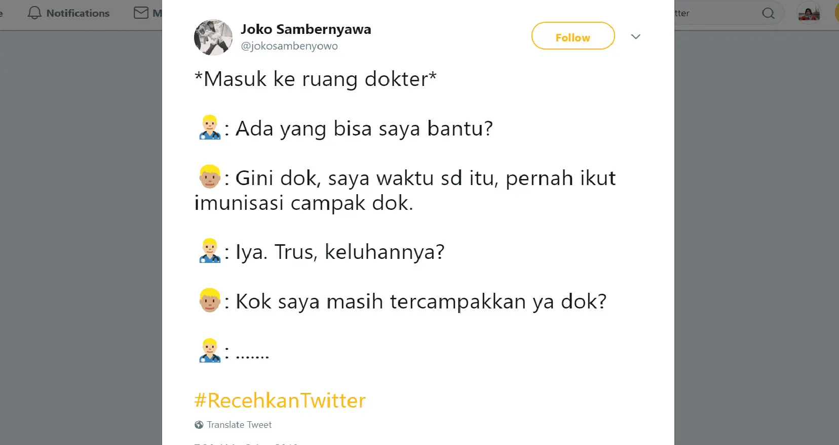 Salah satu cuitan warganet dengan tagar Recehkan Twitter (Sumber: Twitter @jokosambernyawa)