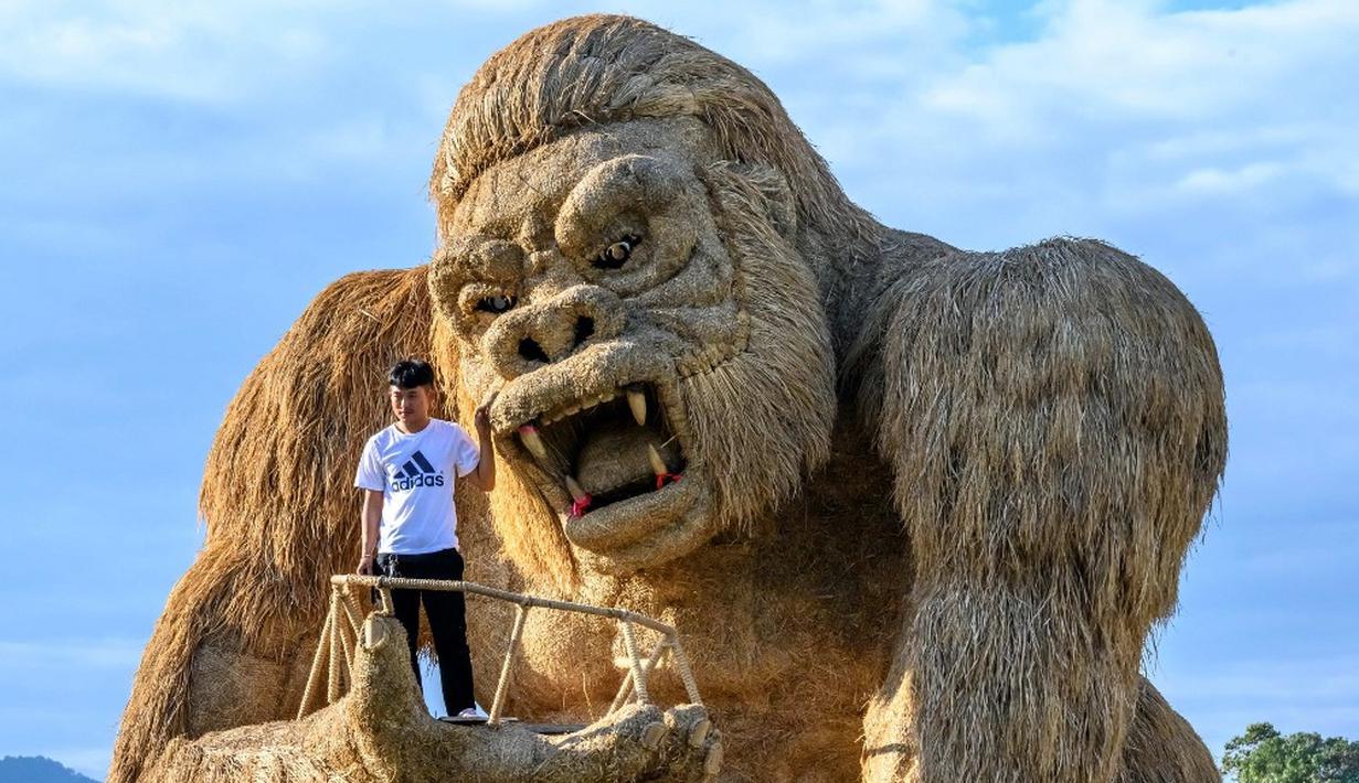 FOTO Patung  Jerami Raksasa Hiasi Tepian Danau Huay Tueng 