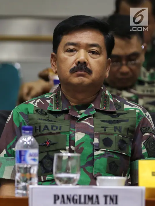 Panglima TNI Marsekal TNI Hadi Tjahjanto saat rapat kerja dengan Komisi I DPR, Jakarta, Rabu (23/1). Rapat membahas evaluasi kinerja 2018, rencana kerja 2019 dan tindak lanjut hasil temuan BPK TA 2018. (Liputan6.com/JohanTallo)