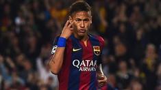 Neymar melakukan selebrasi usai menjaringkan dua gol melawan PSG, Rabu (22/4/2015). Sumber: Uefa.