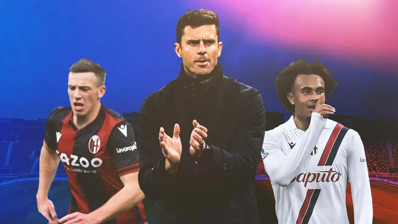 Bologna - Thiago Motta didampingi Joshua Zirkzee dan Lewis Ferguson