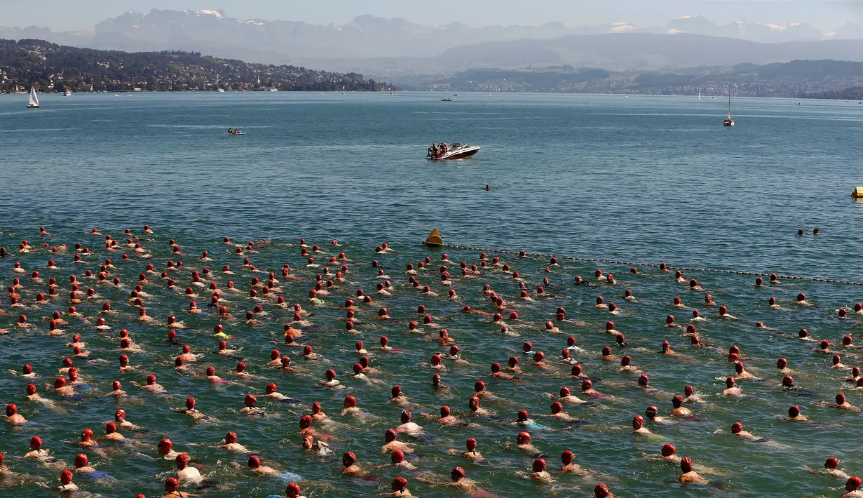 Para peserta saat mengikuti lomba berenang menyeberangi Danau Zurich, Swiss (24/8). Lomba sejauh 1,5 km ini diikuti oleh ratusan orang mulai dari anak muda hingga orang tua. (REUTERS/Arnd Wiegmann)