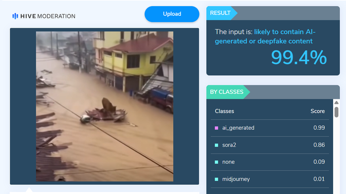 Tangkapan layar situs hivemoderation.com untuk menelusuri klaim video anjing dan sapi hanyut terbawa banjir