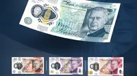 Foto pecahan uang kertas baru poundsterling senilai £5, £10, £20 dan £5 rilisan Bank of England pada 19 Desember 2022, menunjukkan potret Raja Inggris Charles III yang diperkirakan akan masuk sirkulasi pada pertengahan 2024. (Foto: AFP/Bank of England)