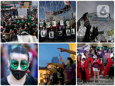Foto kombinasi yang dibuat pada 29 September 2020 ini menunjukkan demonstrasi pada Hari Dekriminalisasi Aborsi di Amerika Latin dan Karibia. (AP Photo/Marco Ugarte, Dolores Ochoa, Victor R. Caivano, Silvia Izquierdo)