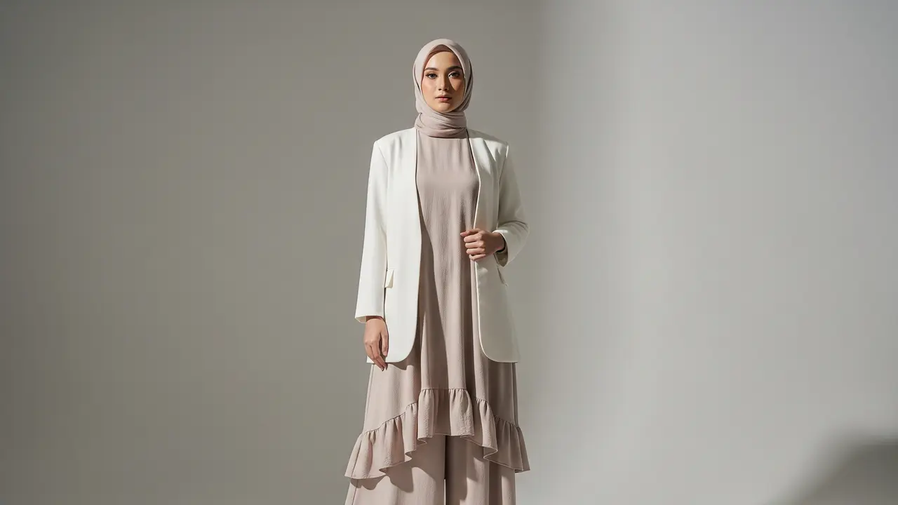 Model Gamis Polos Elegan Dipadukan Blazer Tanpa Kancing