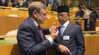 Menteri Luar Negeri RI Sugiono melakukan pull-aside meeting dengan Menlu Jerman Johann Wadephul di sela-sela pembukaan Debat Umum SMU PBB ke-81, Selasa (22/9/2026). (Dok. Kemlu RI)
