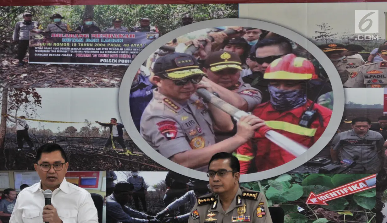 Direktur Tindak Pidana Tertentu Bareskrim Polri Brigjen Pol Muhammad Fadil Imran (kiri) dan Kabag Penum Bareskrim Polri Kombes Pol Asep Adi Saputra memberikan keterangan saat rilis penegakan hukum kasus kebakaran hutan dan lahan (Karhutla) Jakarta, Senin (30/9/2019). (merdeka.com/Iqbal S Nugroho)