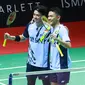 Babak 32 besar Indonesia Masters 2023 yang digelar di Istora Senayan Jakarta, Selasa (24/1/2023) mampu dilewati oleh tiga ganda putra terbaik Indonesia, Fajar Alfian/Muhammad Rian Ardianto, Marcus Fernaldi Gideon/Kevin Sanjaya dan Mohammad Ahsan/Hendra Setiawan yang sekaligus mengantarkan mereka ke babak 16 besar. Selain mereka, ikut lolos juga tiga ganda putra pelapis, yaitu Leo Rolly Carnando/Daniel Marthin, Muhammad Shohibul Fikri/Bagas Maulana dan Sabar Karyaman/Moh Reza Pahlevi. (Bola.com/M Iqbal Ichsan)