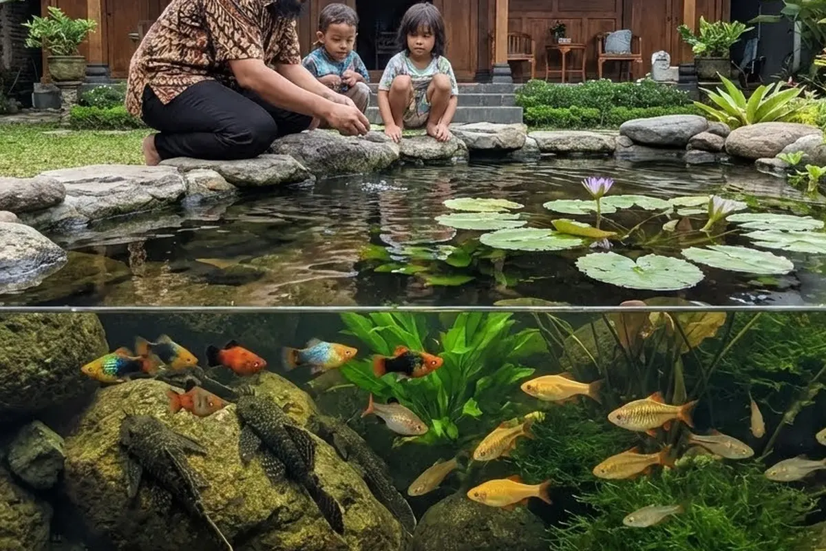 Melihat ikan hias di kolam (Gemini AI)