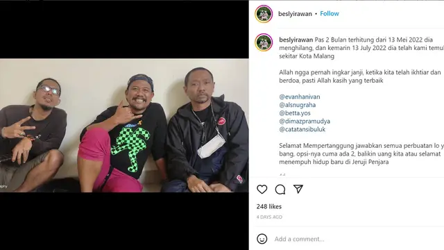 Buluk Superglad ditemukan korbannya di Malang pada 13 Juli 2022 setelah sempat hilang pada 13 Mei 2022. (Instagram @beslyirawan)