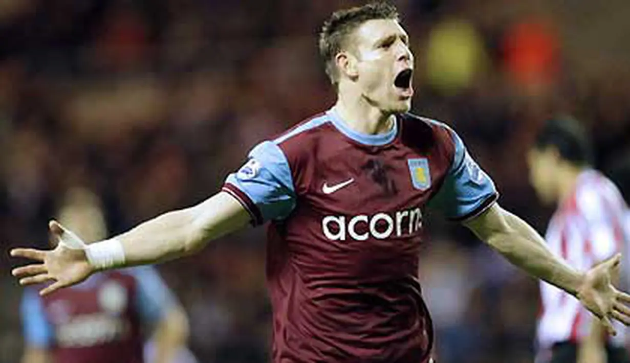Selebrasi gol gelandang Aston Villa James Milner ke gawang Sunderland dalam lanjutan Liga Premier di Stadium of Light, Sunderland, 15 Desember 2009. AFP PHOTO / GRAHAM STUART