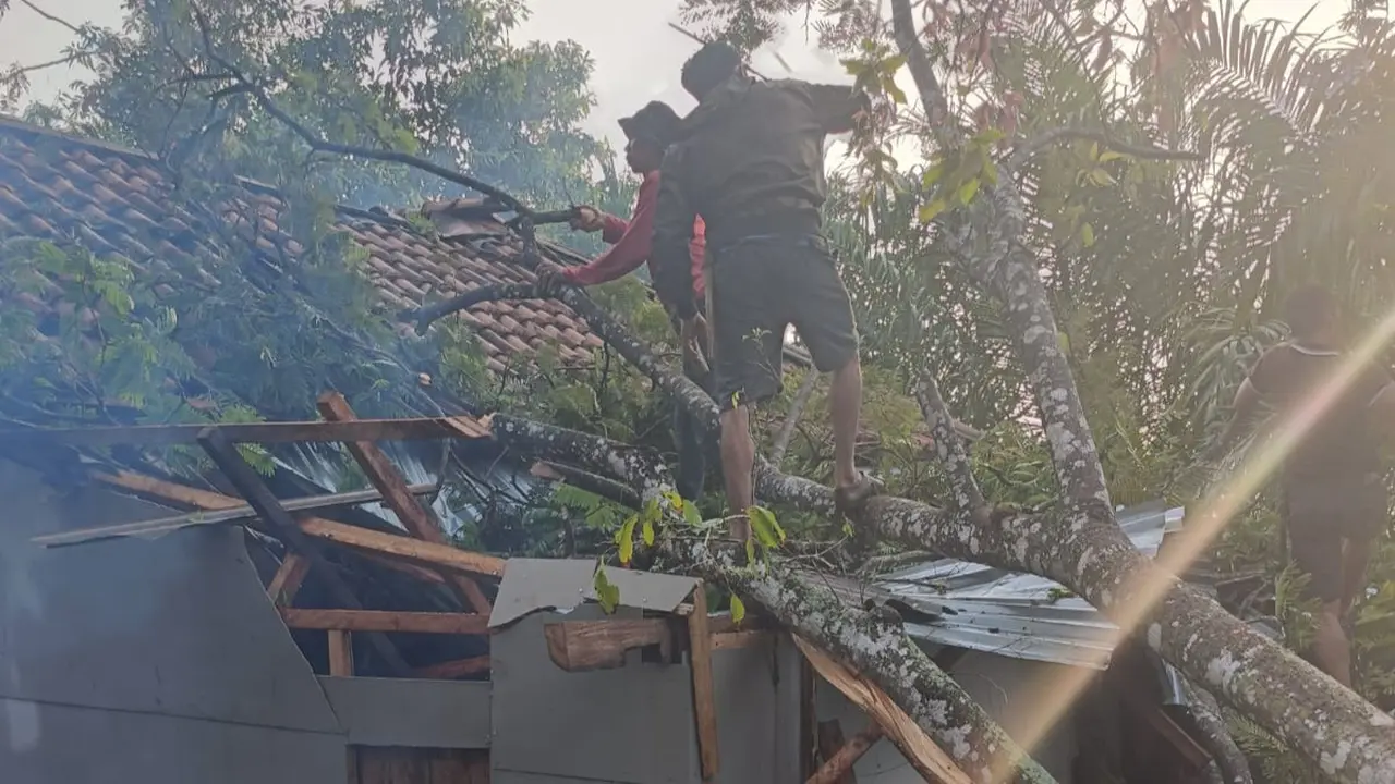 Hujan deras disertai angin kencang menyebabkan sejumlah bangunan di Kabupaten Way Kanan, Lampung, ambruk dan 5 warga mengalami luka-luka.