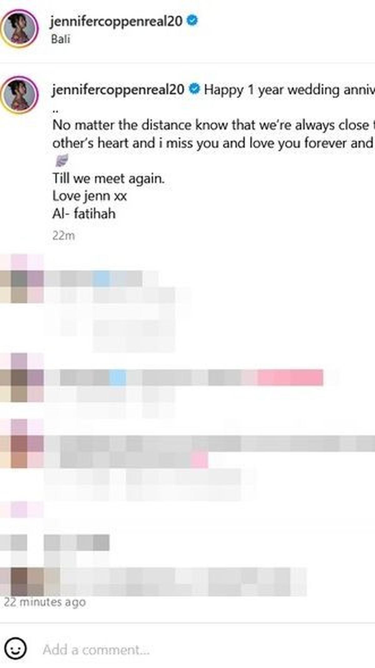 Namun, Jennifer harus merayakan anniversary itu sendirian, karena Dali telah berpulang kepada Tuhan. Ia mengenang suaminya melalui postingan di Instagram.<br>
