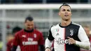 Pemain Juventus Cristiano Ronaldo usai mencetak gol penalti ke gawang AC Milan pada pertandingan Coppa Italia di Stadion San Siro, Milan, Italia, Kamis (13/2/2020). Pertandingan berakhir 1-1. (AP Photo/Antonio Calanni)