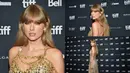 <p>Foto kolase memperlihatkan saat Taylor Swift menghadiri Toronto International Film Festival (TIFF) di Toronto, Kanada, 9 September 2022. Taylor Swift tampil glamor dengan mengenakan gaun emas berkilauan. (Photo by Evan Agostini/Invision/AP)</p>
