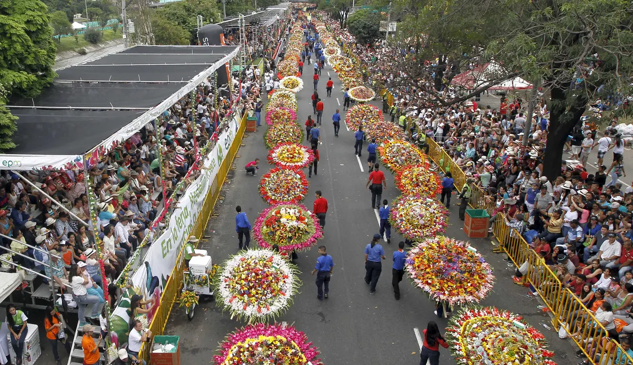 Sejumlah warga memanggul rangkaian bunga saat digelarnya festival bunga tahunan di Medellin, Kolombia, Minggu (9/8/2015). Festival yang dikenal dengan nama Silleteros Parade ini telah dilangsungkan sejak 1957. (REUTERS/Fredy Builes)