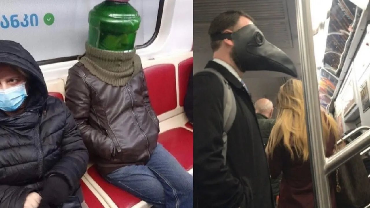 orang pakai masker unik di transportasi umum