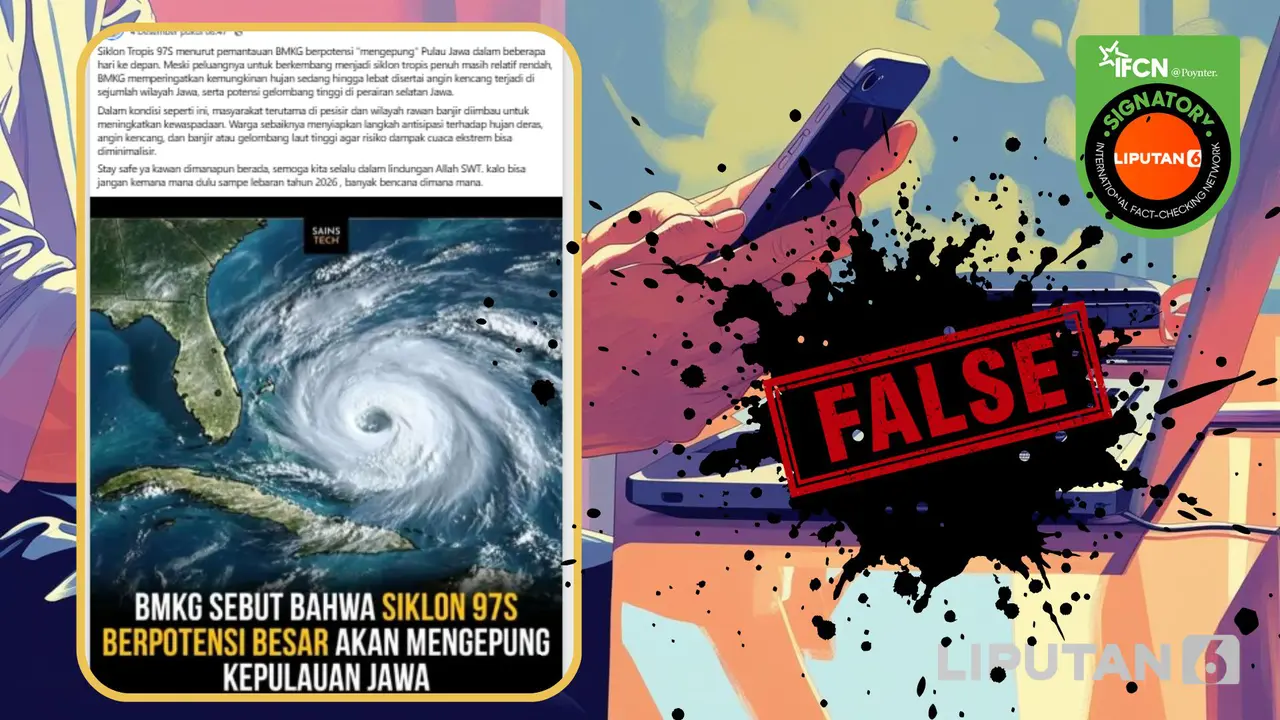 Tangkapan layar peringatan cuaca ekstrem dengan klaim BMKG sebut Siklon 97S berpotensi besar kepung Kepulauan Jawa