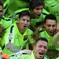 Lionel Messi rayakan gelar juara di Vicente Calderon (CESAR MANSO / AFP)