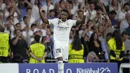 Gol Real Madrid dicetak pada babak pertama oleh penyerang Gol Vinicius Junior pada menit ke 36. (AP Photo/Manu Fernandez)