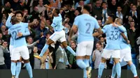Para pemain Manchester City merayakan gol yang dicetak Raheem Sterling pada laga melawan Napoli (17/10/2017). (doc. Manchester City)