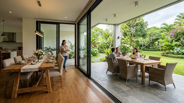 Desain Ruang Makan dengan Pintu Geser yang Menghadap Halaman (AI Generated)