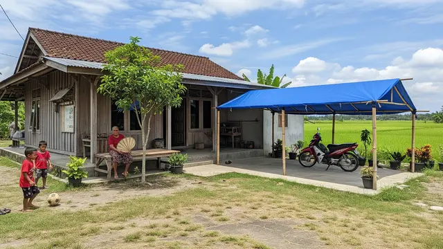Rumah Kampung dengan Garasi Terbuka di Depan