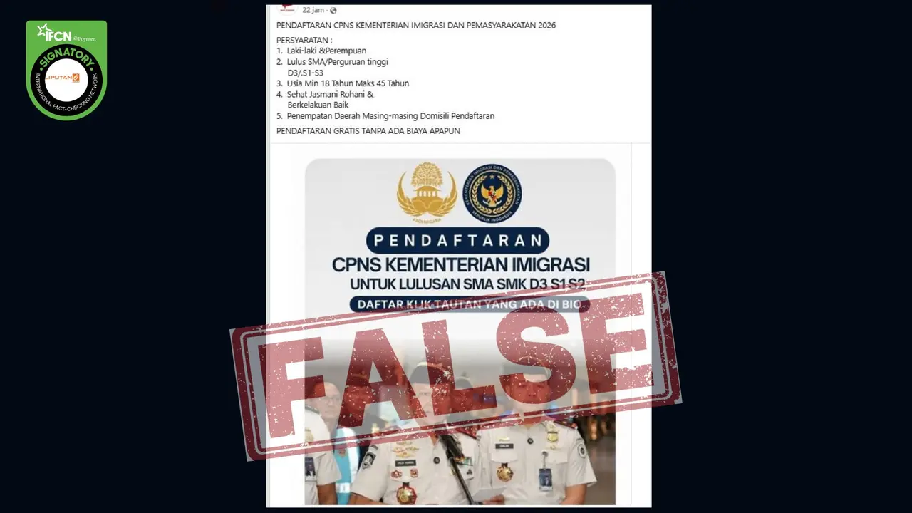 Cek Fakta Liputan6.com menangkap layar klaim link pendaftaran CPNS Kementerian Imigrasi lulusan SMA sampai S3.