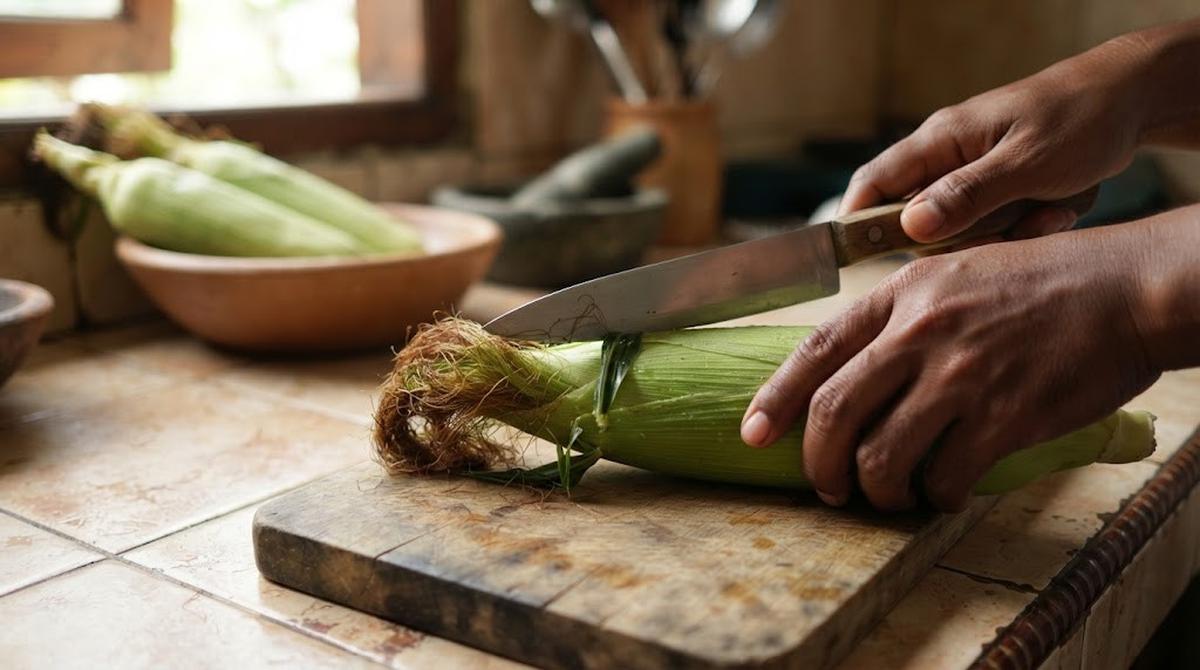 Memotong Ujung Pucuk Jagung Sebelum Dikupas